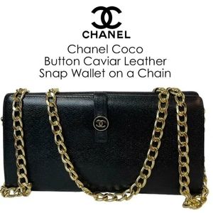 Chanel Coco Button Caviar Leather Snap Wallet on a Chain